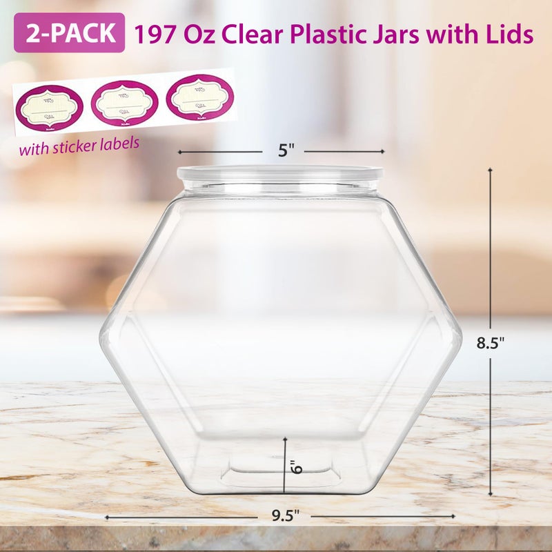 DilaBee 2-Pack Plastic Cookie Jar 1.5 Gallon (197oz) - Large Cookie Jar, Hexagon Candy Dish with Lid for Kitchen, Candy Bowl for Office - Sugar and Flour Containers, Plastic Jar with Labels - BPA-Free - Image 2